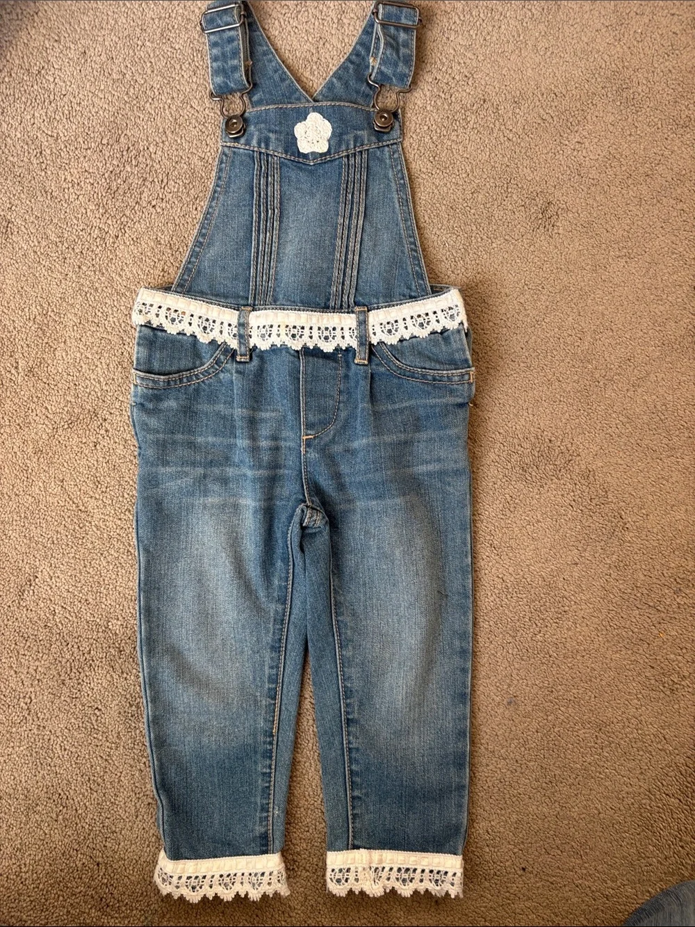 GAP Denim Blue Overalls with White Lace Trim